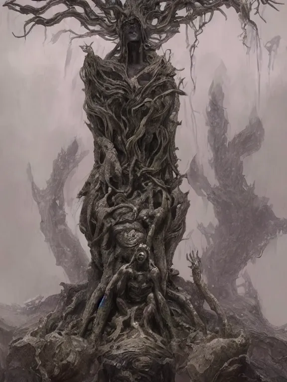 Prompt: a ultradetailed beautiful concept art of a strange and shady statue of an old and forgot cosmic entity, made from old stone, the air seems to become oppressing around it, lovecraftian concept art, high resolution 4 k, by greg rutkowski, kentaro miura and jon foster.