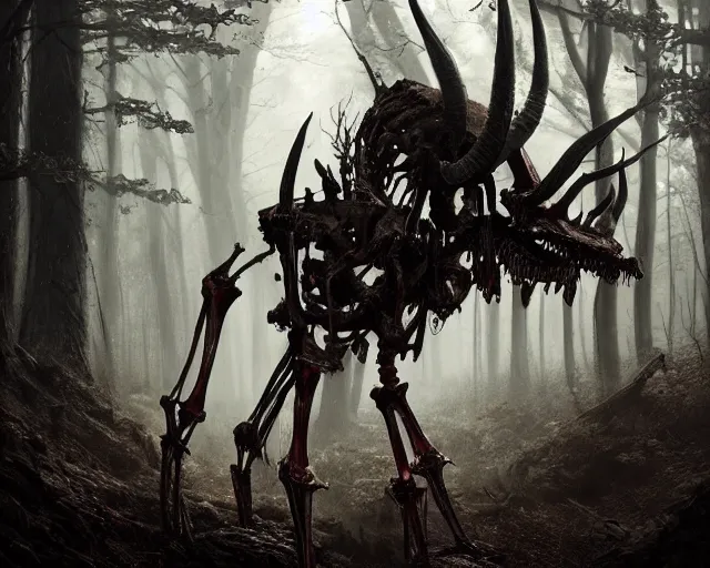 Image similar to 5 5 mm portrait photo of an armored demonic human skeleton with horns and red eyes, in a magical forest. dark atmosphere. art by greg rutkowski. highly detailed 8 k. intricate. lifelike. soft light. nikon d 8 5 0.