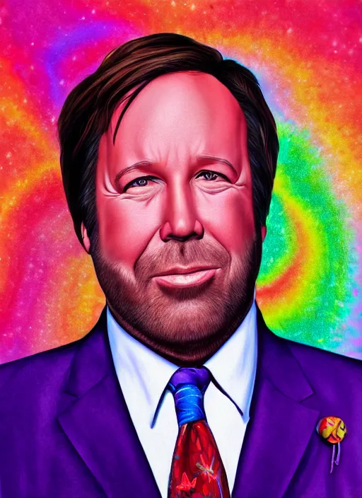 Image similar to photoreal ultra realistic portrait of discheveled alex jones by lisa frank