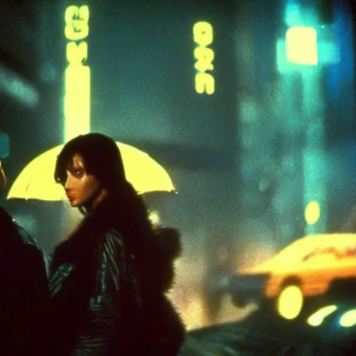 Prompt: 1 9 8 2 film stills of blade runner, with rachel with beyonce, and doja cat, having a night on the town. rainy and smoky with futuristic vehicles overhead and people carrying neon umbrellas.