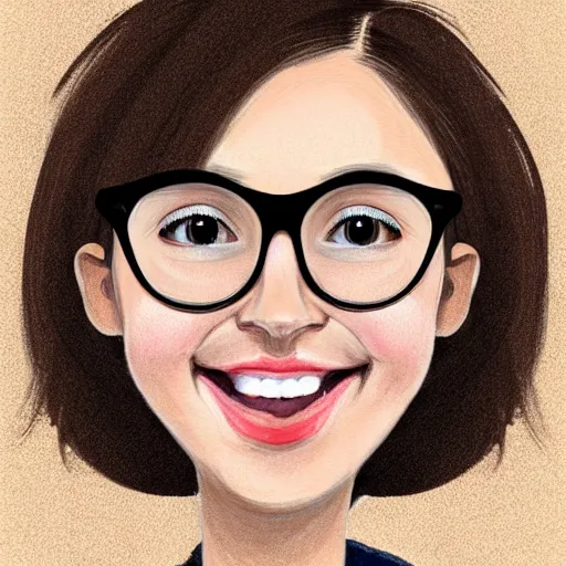 Prompt: round brunette woman with messy hair in a short bob, big forehead, round face, big cheeks, large glasses, romanian heritage, brown almond-shaped eyes, smile, olive skin, round nose, protruding chin, wide face, thin lips, wide mouth, no bangs, digital art, painterly, cartoon, cute, 8k, illustration, art by loish, painterly, trending on artstation, medium shot, uncropped