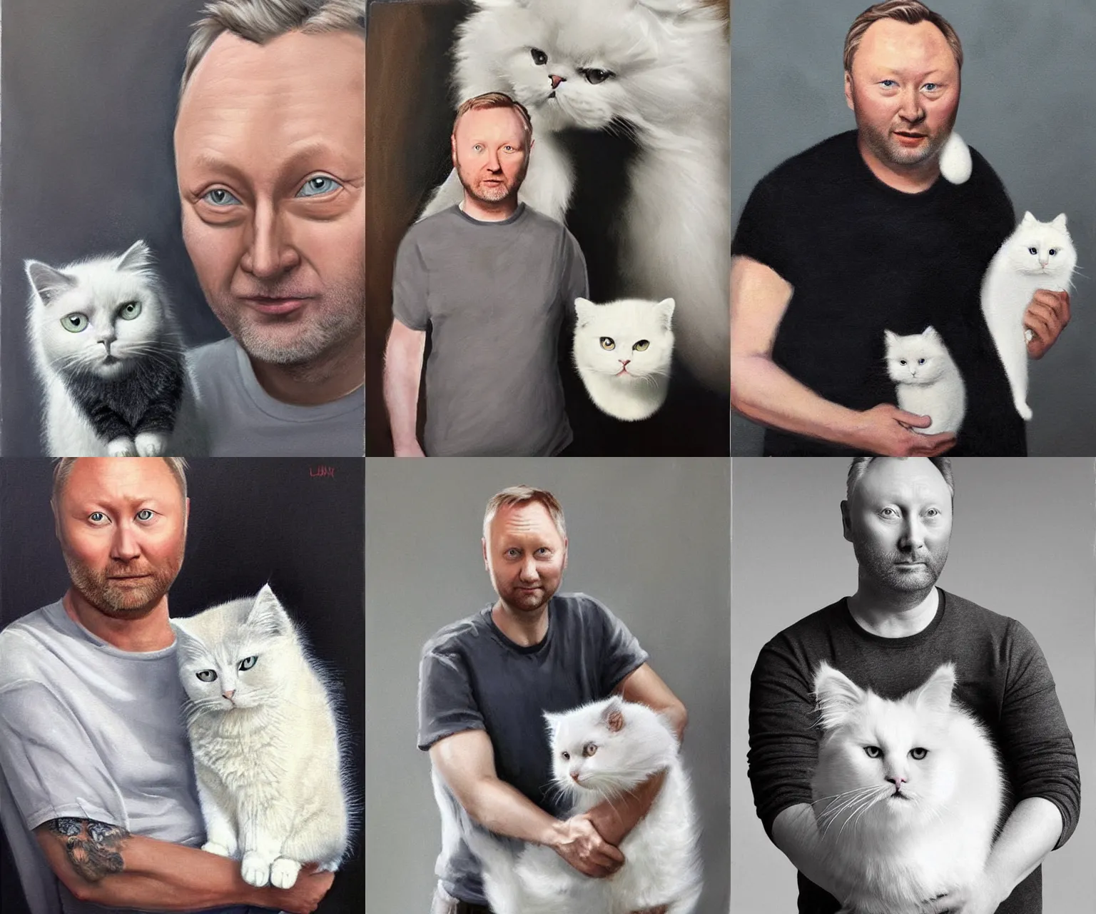 Prompt: a white man with dark grey hair that looks exactly like limmy wearing a grey tshirt standing beside his fluffy white cat, epic painting by James gurney