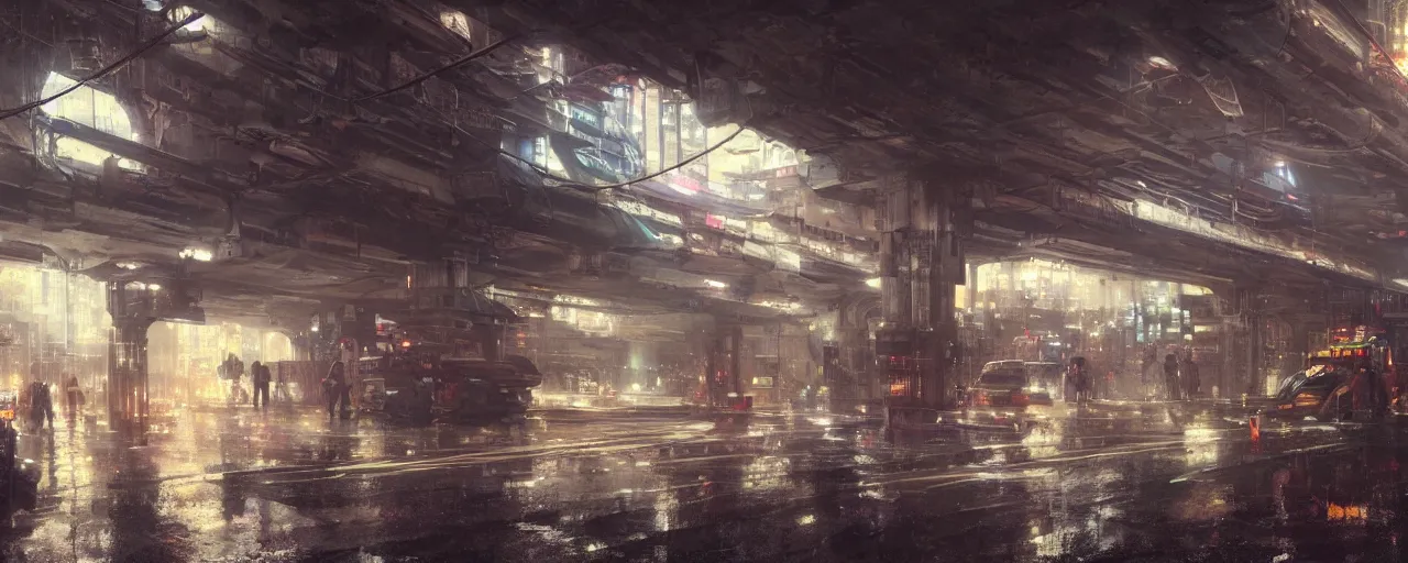 Image similar to under a highway bridge of a cyberpunk city, rain, night, flying shuttles, advertising pannels, rays of light, james gurney, greg rutkowski, unreal engine 5, artstation, sharp focus, award winning