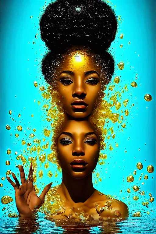 Image similar to hyperrealistic post - futurist cinematic very expressive! profile black oshun goddess, in water! up to shoulders, mirror dripping droplet!, gold flowers, highly detailed face, digital art masterpiece, smooth eric zener cam de leon, dramatic pearlescent turquoise light on one side, low angle uhd 8 k, shallow depth of field