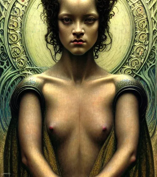 Image similar to detailed realistic beautiful young medieval alien robot rihanna face portrait by jean delville, gustave dore and marco mazzoni, art nouveau, symbolist, visionary, gothic, pre - raphaelite. horizontal symmetry by zdzisław beksinski, iris van herpen, raymond swanland and alphonse mucha. highly detailed, hyper - real, beautiful, fractal baroque