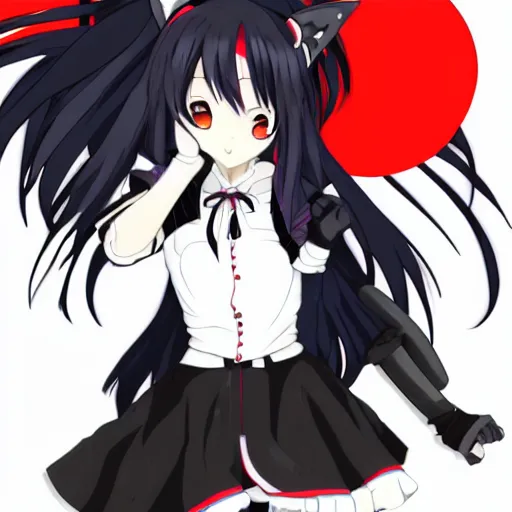 Image similar to Anime Screenshot of a “red-eyed black-haired anime fox girl” wearing black fingerless-gloves, high-waist-black-skirt, white-collared-shirt blue-open-jacket, black-necktie, unsheathing her katana, white background, visual-key, anime illustration, pixiv, anime-twitter