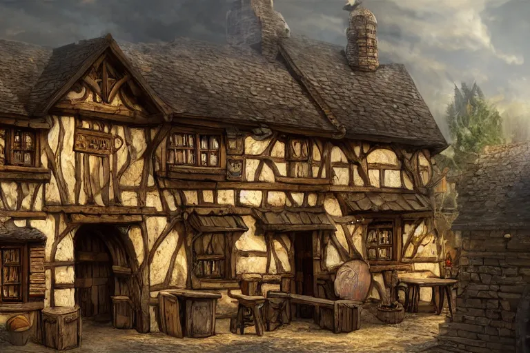 Image similar to A tiny medieval tavern viewed from the outside, texture, intricate, details, highly detailed, masterpiece, architecture, building, trending on artstation, focus, sharp focus, concept art, digital painting, fantasy, sunny, day, midday