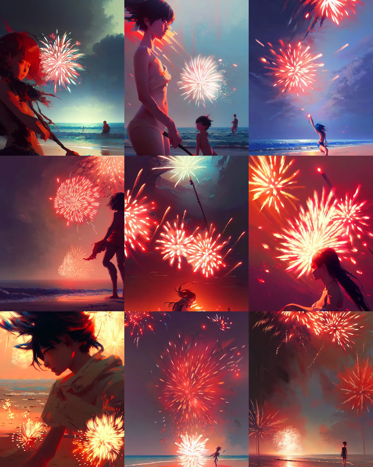 Prompt: beach fireworks anime, intricate, sharp focus, illustration, highly detailed, digital painting, concept art, matte, art by ilya kuvshinov and ruan jia and wlop and greg rutkowski, masterpiece
