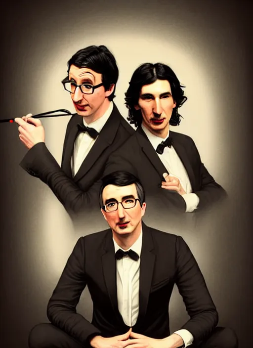 Image similar to photo boothainting of both john oliver and adam driver together, john oliver in front, full body, elegant, beautiful, highly detailed, centered, dark, smokey, digital painting, concept art, smooth, sharp focus, illustration, deviant art, art by artgerm, art by greg rutkowski, art by alphonse mucha