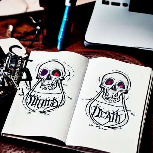 Prompt: notebook lying open on a desk, filled with death metal band logos, scribbled by a mad scientist