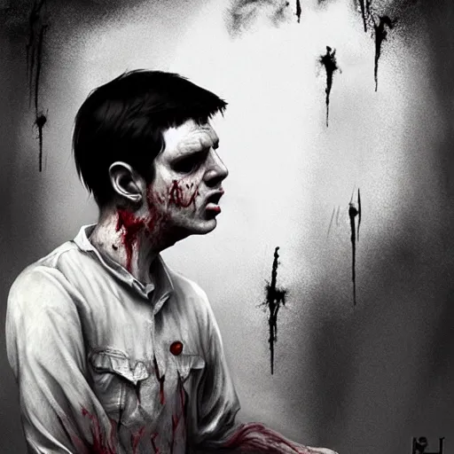 Prompt: ian curtis as a zombie, 7 days to die zombie, gritty background, fine art, award winning, intricate, elegant, sharp focus, cinematic lighting, digital painting, 8 k concept art, art by michael hussar, art by brom, art by guweiz and z. w. gu, 8 k