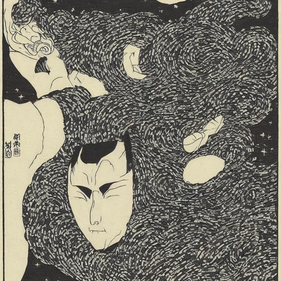 Prompt: Beautiful isometric print of a Human Head made out of geometric lego bricks in the darkness of outer space in the style of Kuniyoshi and Hiroshige and Hokusai, high contrast!! finely carved woodcut engraving black and white crisp edges