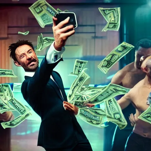 Prompt: action shot of hugh jackman in real life GTA V dance club taking selfies with friends and a pile of cash in the background, 8K, highly detailed, photo realistic, action photography