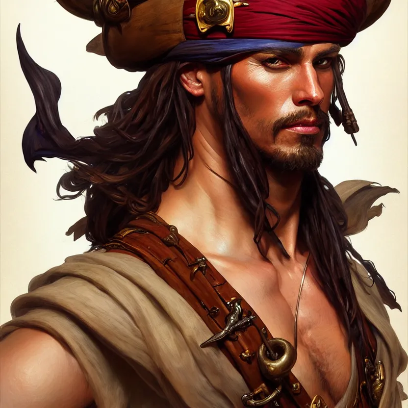 Image similar to , portrait of a 1 male pirate captain of the desert, muscular upper body, D&D, fantasy, intricate, elegant, highly detailed, digital painting, artstation, concept art, smooth, sharp focus, illustration, art by artgerm and greg rutkowski and alphonse mucha