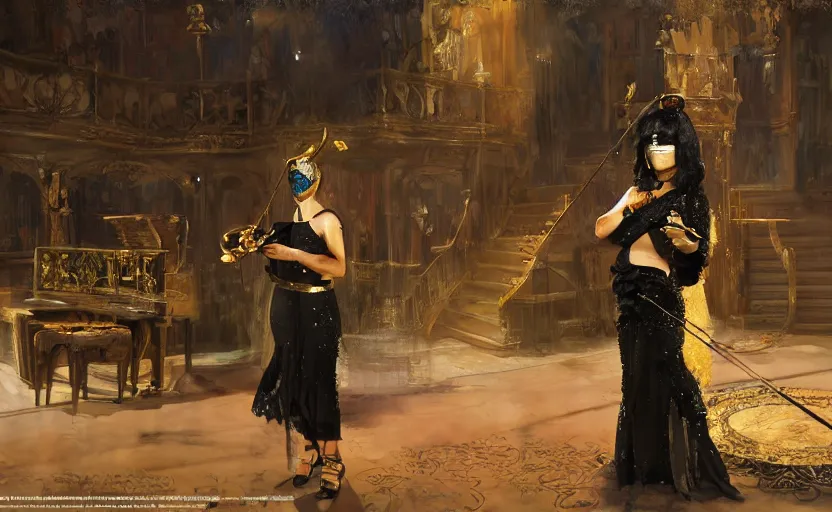 Image similar to craig mullins and ghibli digital art of on the stage of the theater, a masked female violinist performs alone, dressed in exotic costumes, gold jewelry, and black hair realistic shading, cinematic composition, realistic render, octane render, detailed textures, photorealistic, wide shot