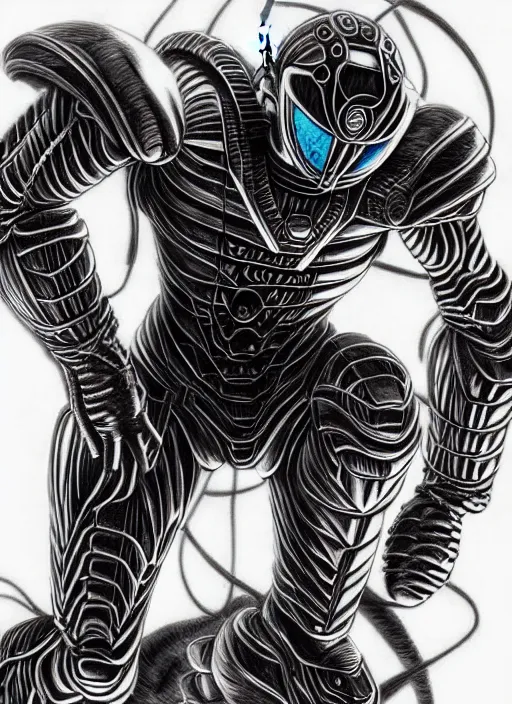 Image similar to berserk manga, samus, metroid, varia suit hyperrealism, intricate detailed