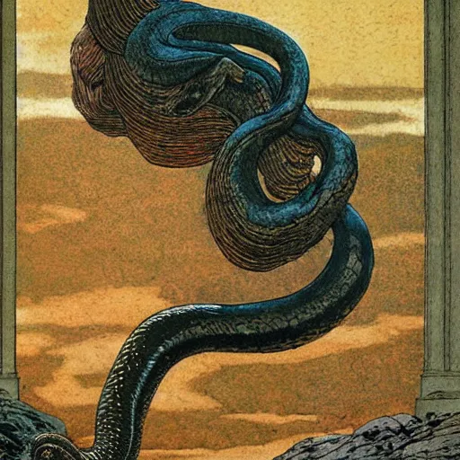 Image similar to gloomy by robert kirkman, by carlos schwabe. a beautiful art installation of a snake eating its own tail that seems to go on forever.