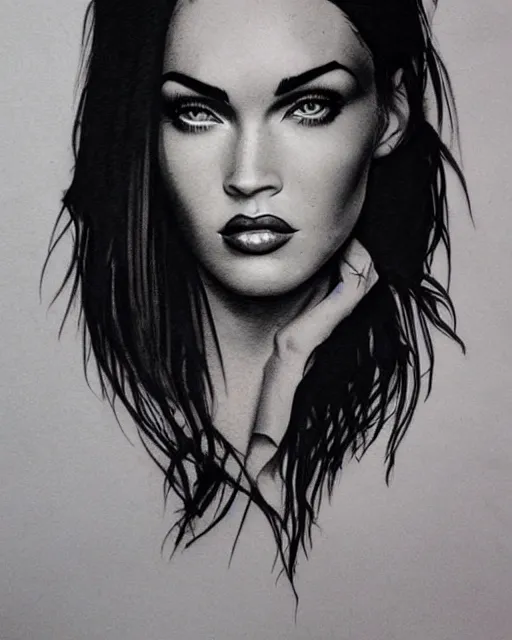 Prompt: tattoo sketch of megan fox face mash up with beautiful mountains, in the style of dan mountford, double exposure, hyper realistic, amazing detail, black and white