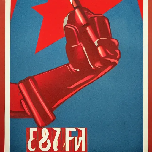 Prompt: Soviet communist propaganda poster of Tom Cruise with his closed fist up in the air, red background, hammer and sickle