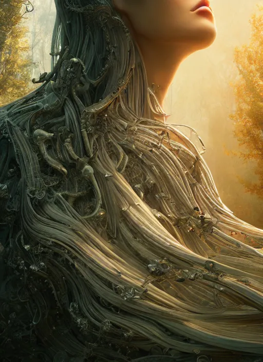 Image similar to sumptuous biomechanical masterpiece incredible hair, crystalline incrustations, hyperdetailed face, elegant pose, movie still, intricate, octane render, cinematic forest lighting, cgsociety, unreal engine, crepuscular rays, god rays