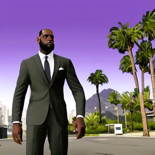 Image similar to Lebron James wearing a suit in GTA V . Los Santos in background, palm trees. in the art style of Stephen Bliss