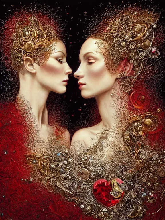 Image similar to a beautiful portrait render of two red veiled queen with symmetry intricate detailed ,heart,love,crystal-embellished,by Daveed Benito,LEdmund Leighton,peter gric,aaron horkey,Billelis,trending on pinterest,rococo,hyperreal,gold,silver,ivory,maximalist,glittering,golden ratio,cinematic lighting