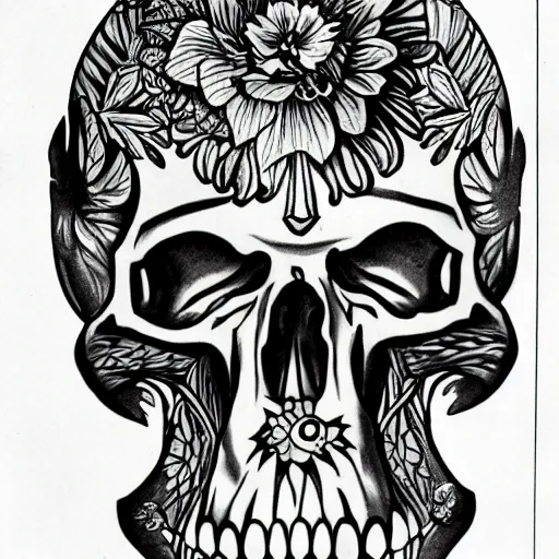 Prompt: A tattoo design of datura inoxia flower growing in an ape skull