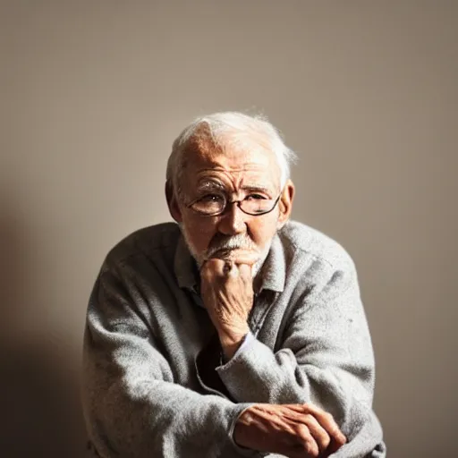 Image similar to a full shot of an old man sitting in the corner of a dimly lit room