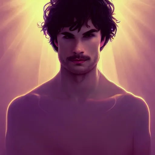 Prompt: ian somehalder posing, warm volumetric lighting, cosmic, symmetric, highly detailed, elegant, concept art, heavenly, god rays, intricate, sharp focus, illustration, alexandros pyromallis, bouguereau, rutkowski, artgerm, alphonse mucha