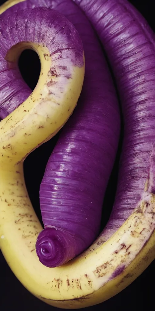 Image similar to a purple ribbed rubber worm smiling from inside a half peeled banana, studio photo, spot lighting, small depth of field, portrait