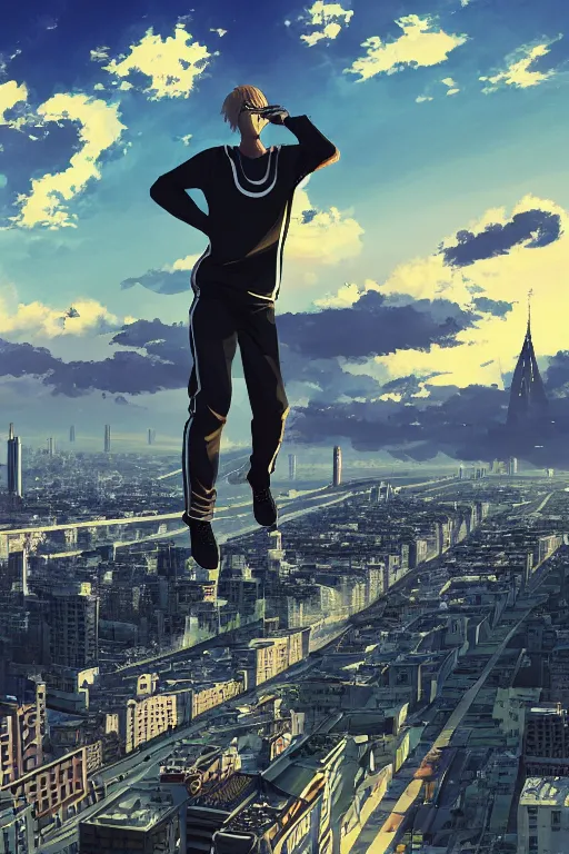 Prompt: Man in black adidas tracksuit looking atop of a urban plateau filled with soviet apartment buildings, golden hour, dreamy, beautiful clouds, beautiful ambient, lighting, wallpaper, beautiful artwork by Makoto Shinkai