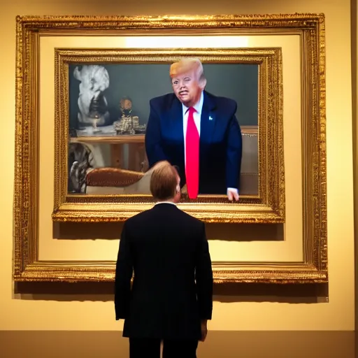 Image similar to trump watching a huge trump portrait in a museum, studio lighting, photography, highly detailed, 4 k