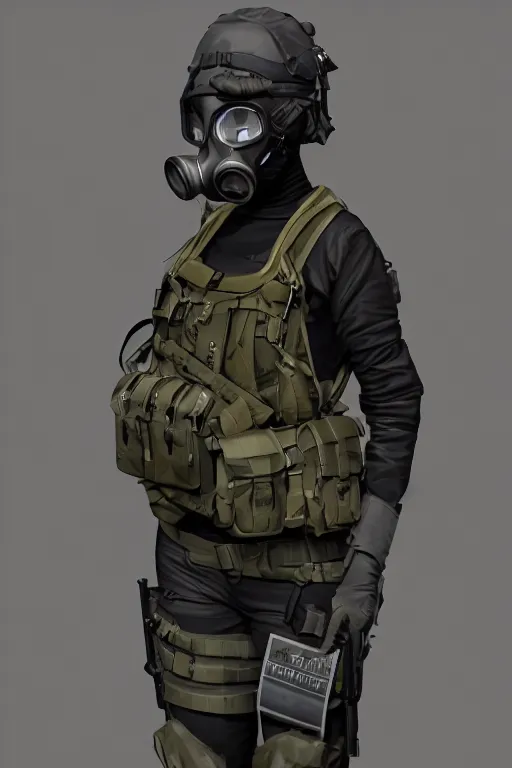 Image similar to british sas female operative with the standard s 1 0 gas mask and the black uniform, 8 0 s, artstation, trending on artstation, establishing shot