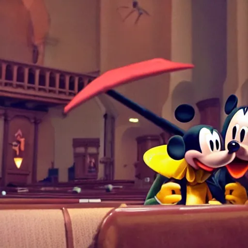 Image similar to Mickey Mouse riding a pterodactyl in a church, In the movie Star Wars