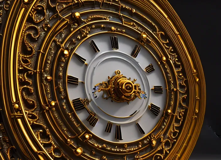 Prompt: pristine ornate grandfather clock, white pearlescent, chrome, iridescent titanium, crystal, liquid gold, copper, bronze biomechanical, cinematic, crystalline masterpiece incrustations, hyperdetailed metalwork, in volumetric soft glowing mist, movie still, octane render, pixar, crepuscular rays,