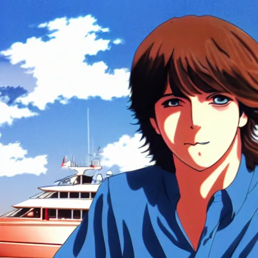 Prompt: anime illustration of young Paul McCartney from the Beatles, wearing a blue and white check shirt, on a yacht at sea, smiling at camera, white clouds, ufotable