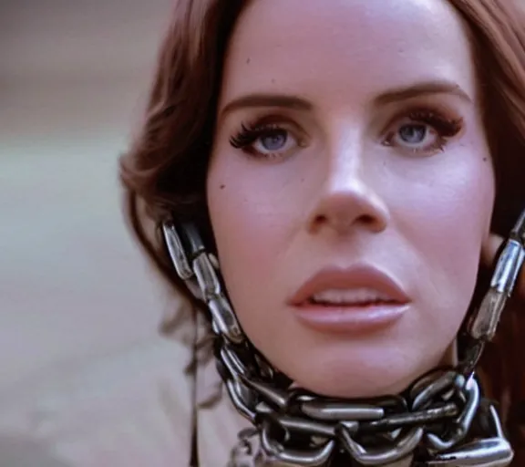 Image similar to a movie still of lana del rey as a handcuffed prisoner with a chain around her neck bonded to a chair in the movie star wars