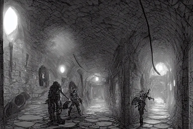 Prompt: black and white one point perspective meadhall dungeon cozy fantasy dungeon hallway view with pit in the middle of the ground by artgerm and Craig Mullins, James Jean, Andrey Ryabovichev, Mark Simonetti and Peter Morbacher 16k