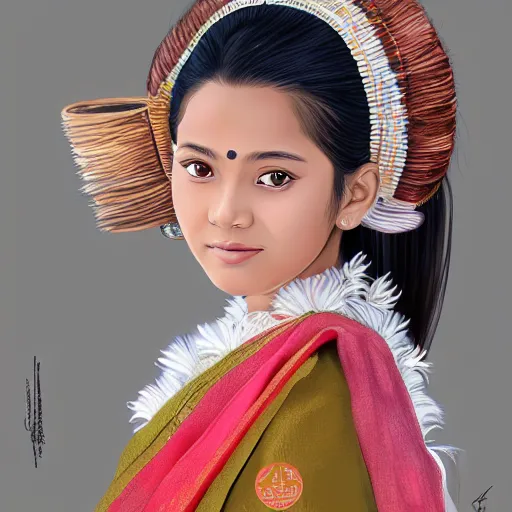 Prompt: Portrait of a beautiful teen Assamese girl, cute natural anime face, wearing bihu Assam traditional dress mekhela, intricate, elegant, highly detailed, digital painting, artstation, concept art, smooth, sharp focus, illustration, art by mark brooks