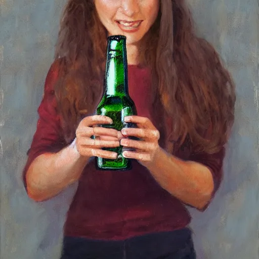 Prompt: a woman holding a bottle of beer, photorealistic