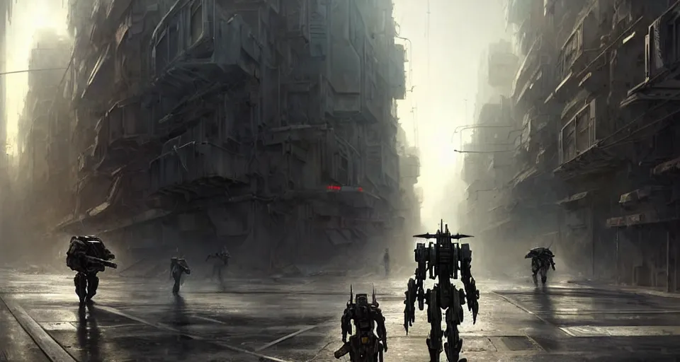 Image similar to hyper realistic sci - fi matte concept art painting of a mecha walking down a war torn street, beautiful details, strong composition painted by kim jung guweta studio rutkowski, james gurney and greg rutkowski, and lucasfilm, smooth, intricate, detailed, sharp focus, cinematic