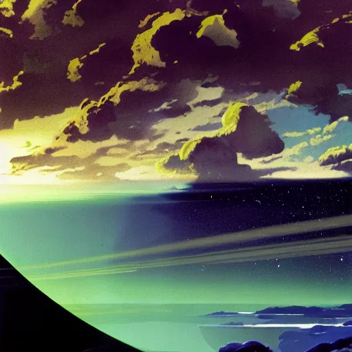 Prompt: green ocean on an alien planet in the clouds, cinematic angle, cinematic lighting, blue sky, sun in the sky, by Syd Mead, John Harris, Federico Pelat