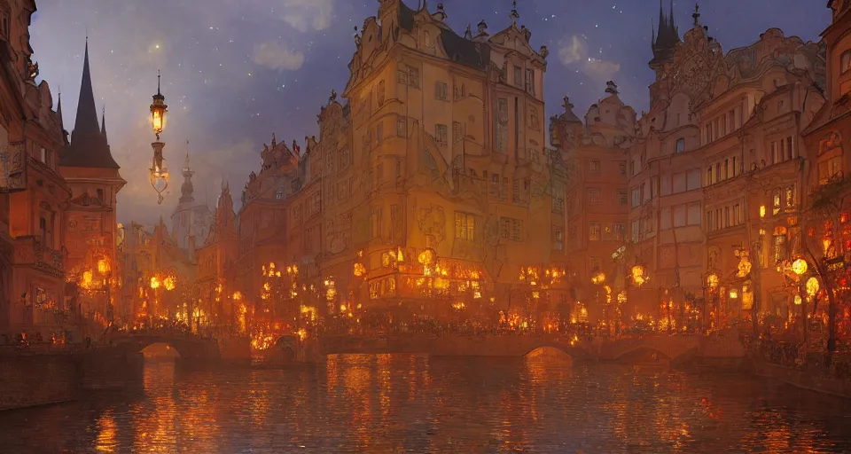 Image similar to prague art nouveau town during the lantern festival, volumetric lighting, glowing lights, 4 k, octane, digital painting, artstation, concept art, sharp focus, illustration, by john williams waterhouse, thomas kincade, donato giancola, and alphonse mucha