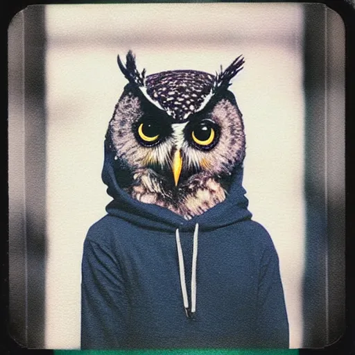 Image similar to !!! sticker!!! close - up polaroid photo of anthropomorphic owl anthropomorphic!!! wearing a hoodie!!!!