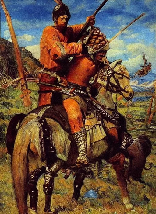 Image similar to warrior inspired a painting Heroes (Bogatyri) Viktor Vasnetsov