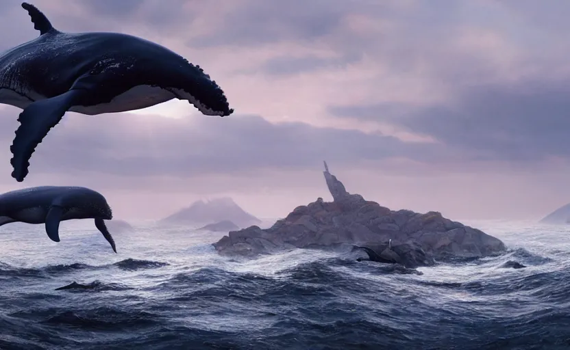 Prompt: whales breaching, directed by charlie kaufman ( 2 0 0 1 ) anamorphic lenses, a rocky shore in the foreground, foggy volumetric light morning, a beam of light from the heavens, cinematic trending on artstation in the style of greg rutkowski