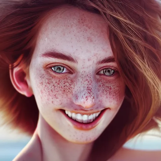 Image similar to beautiful serene intricate portrait of a cute thin young woman, red blush, cute freckles, smug smile, modern clothes, relaxing on the beach, golden hour, close up shot, soft focus, 8 k, art by irakli nadar, hyperrealism, hyperdetailed, ultra realistic