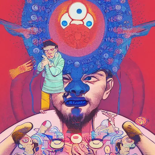 Image similar to a powerful psychic guy emitting psychic powers, by hikari shimoda, by jamie hewlett, by moebius,