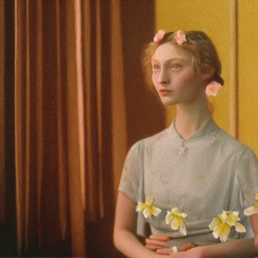Image similar to close - up of a beautiful flowery girl in an empty room, film still by wes anderson, depicted by balthus, limited color palette, very intricate, art nouveau, highly detailed, lights by hopper, soft pastel colors, minimalist
