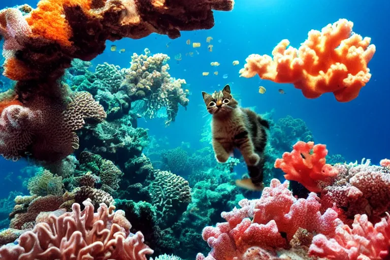 Image similar to photo of a baby cat scuba diving and chasing a school of fish above colorful coral reefs, award - winning photograph, national geographic, 8 k uhd, excellent lighting